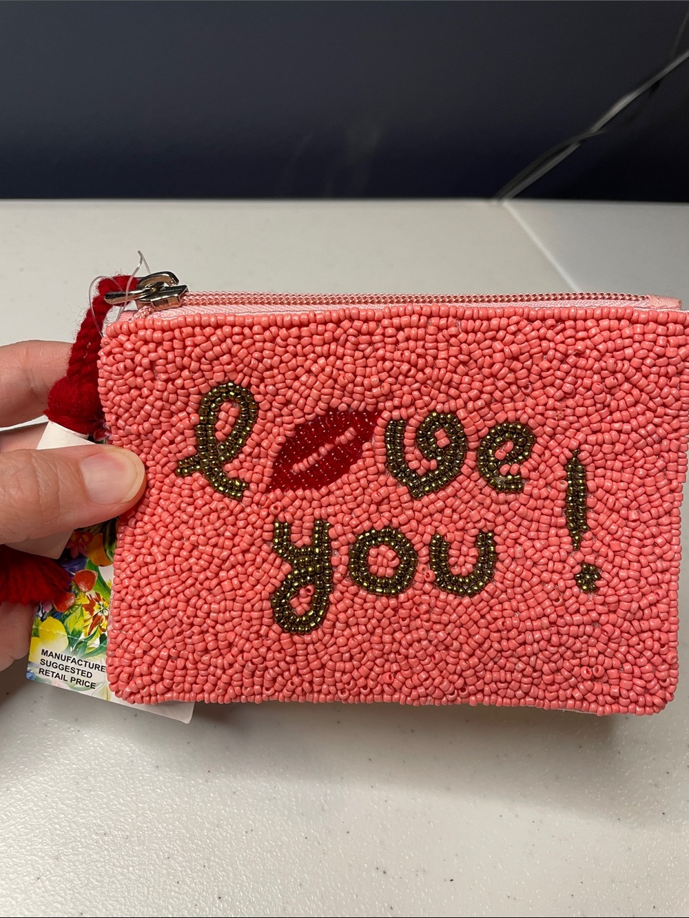 Pink Beaded 'Love You' Zip Pouch